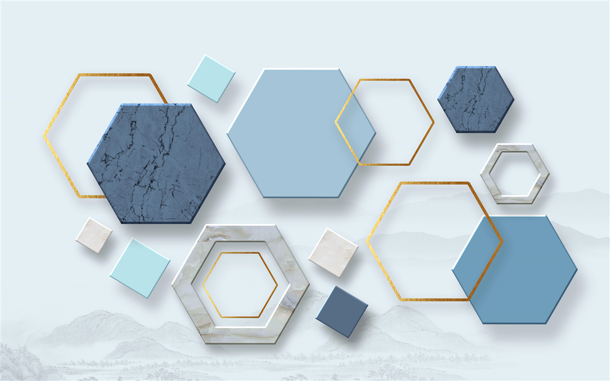 Papier peint des formes pentagonales, peintes dans des tons bleus