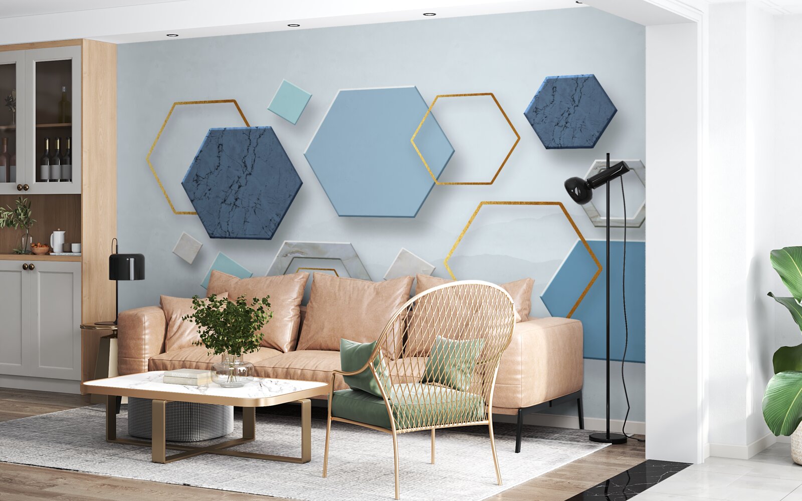 Papier peint des formes pentagonales, peintes dans des tons bleus