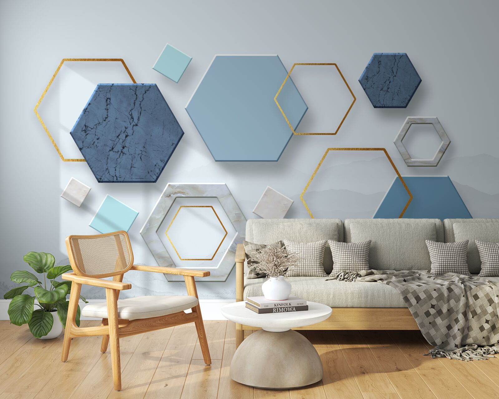 Papier peint des formes pentagonales, peintes dans des tons bleus