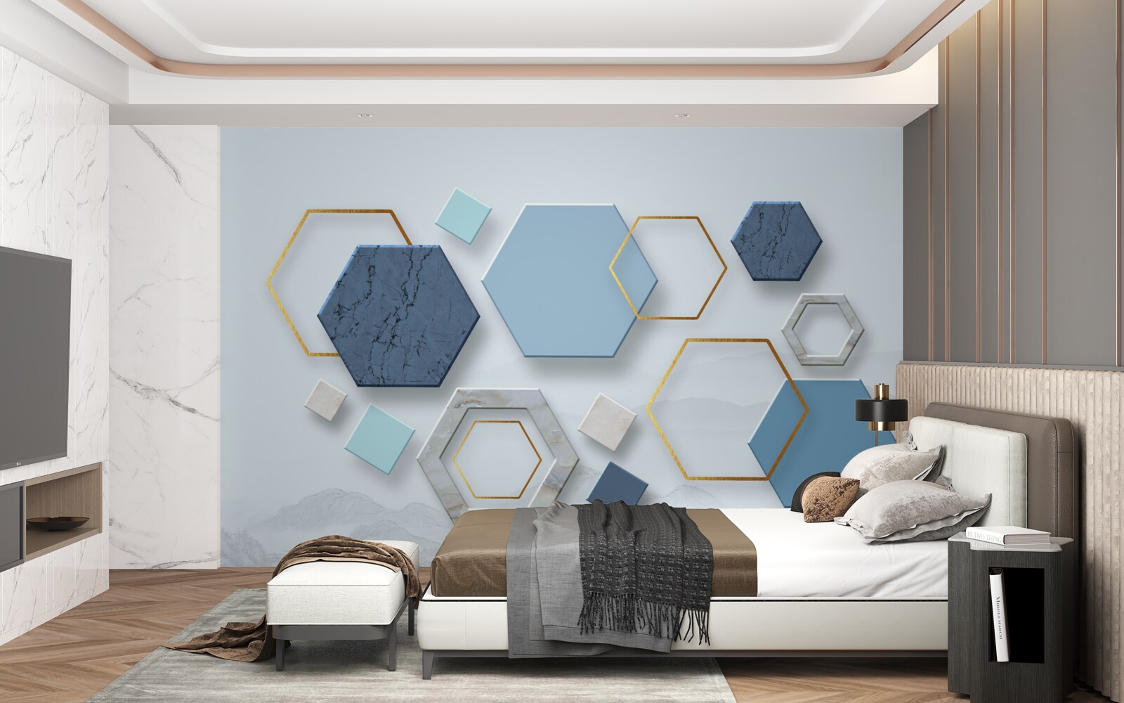 Papier peint des formes pentagonales, peintes dans des tons bleus