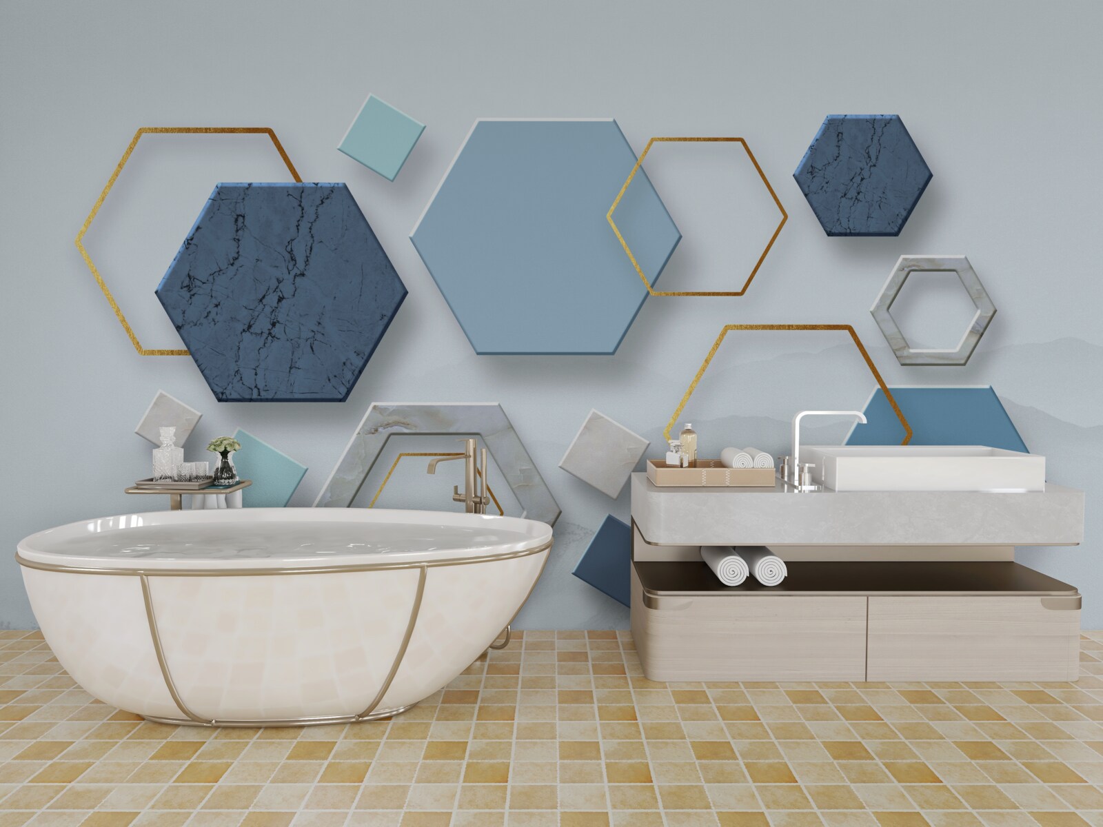 Papier peint des formes pentagonales, peintes dans des tons bleus