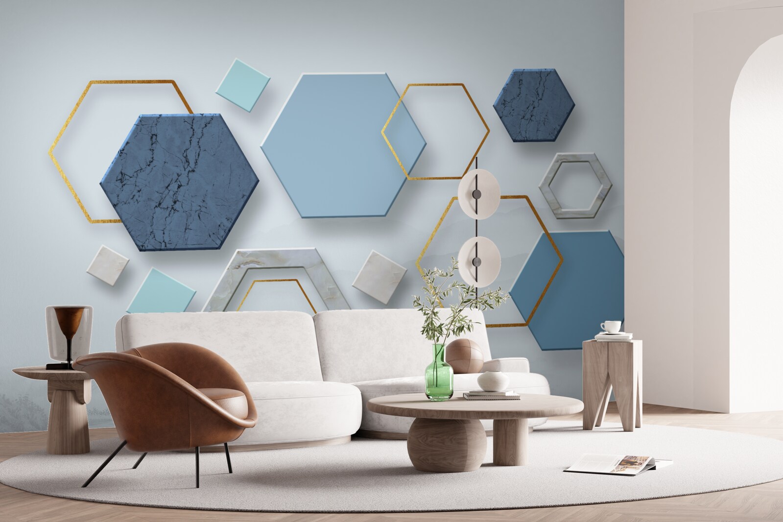 Papier peint des formes pentagonales, peintes dans des tons bleus