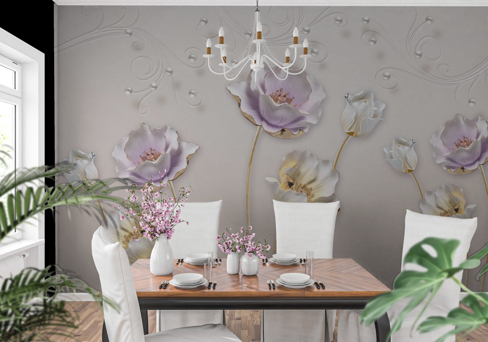 Papier peint lotus gracieux blanc et bleu