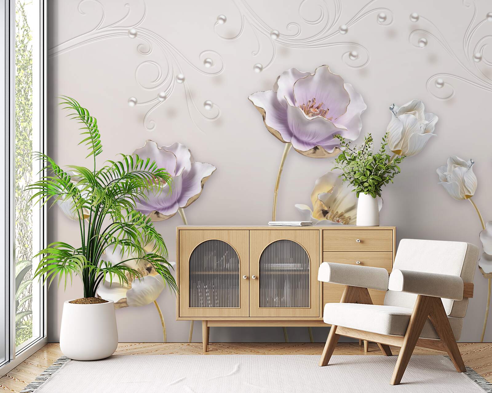 Papier peint lotus gracieux blanc et bleu