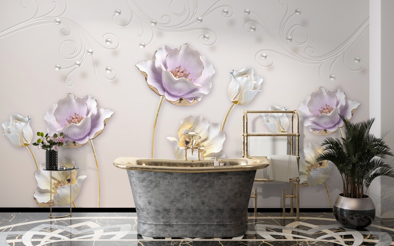 Papier peint lotus gracieux blanc et bleu