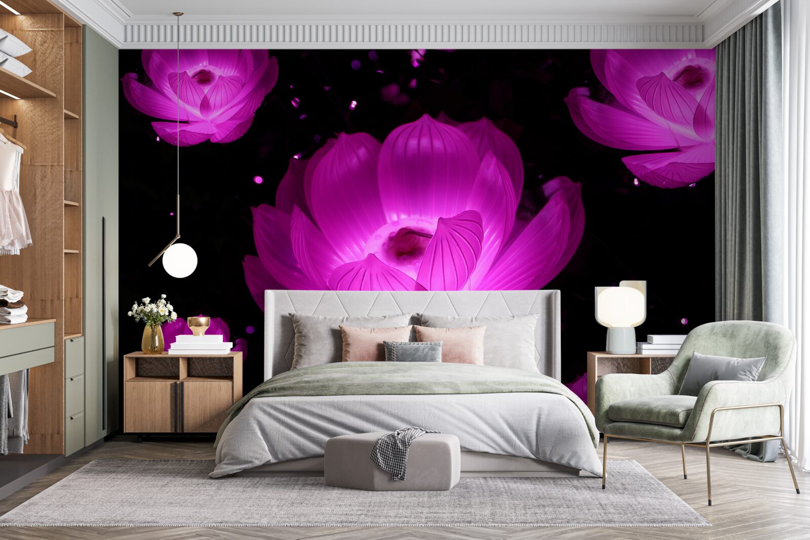 Papier peint fleurs violettes à la lumière des néons