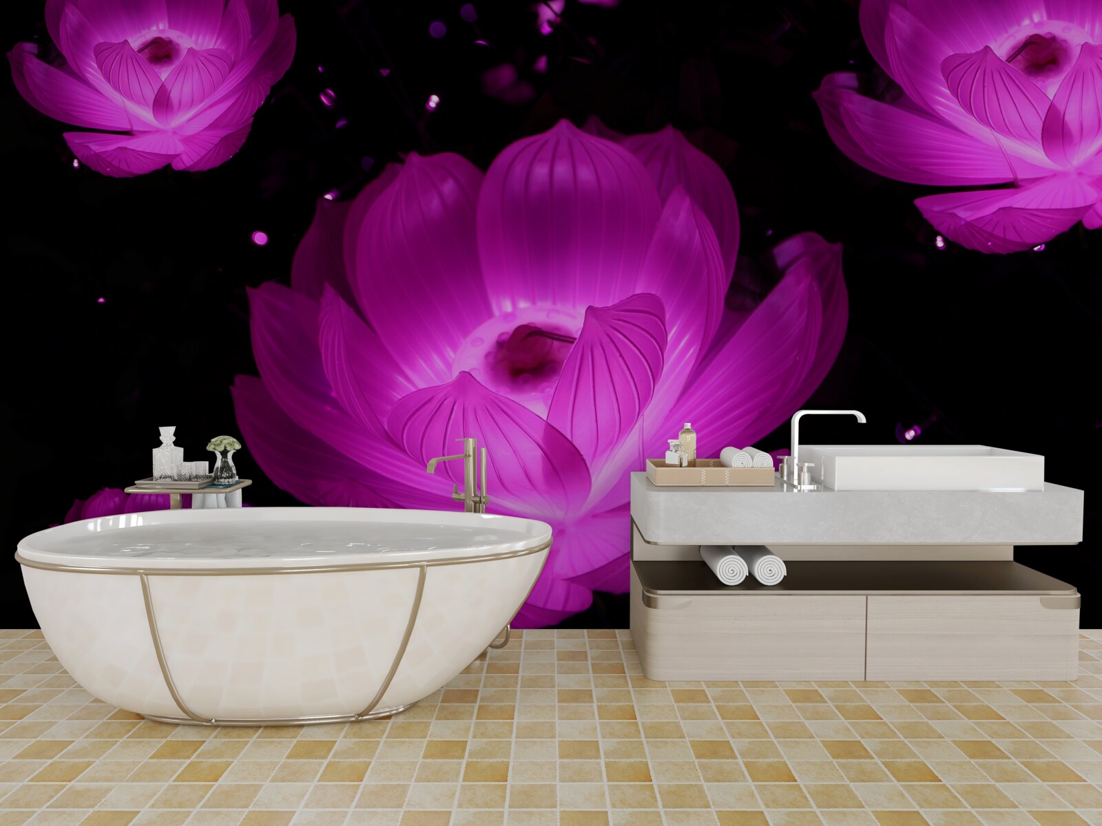 Papier peint fleurs violettes à la lumière des néons