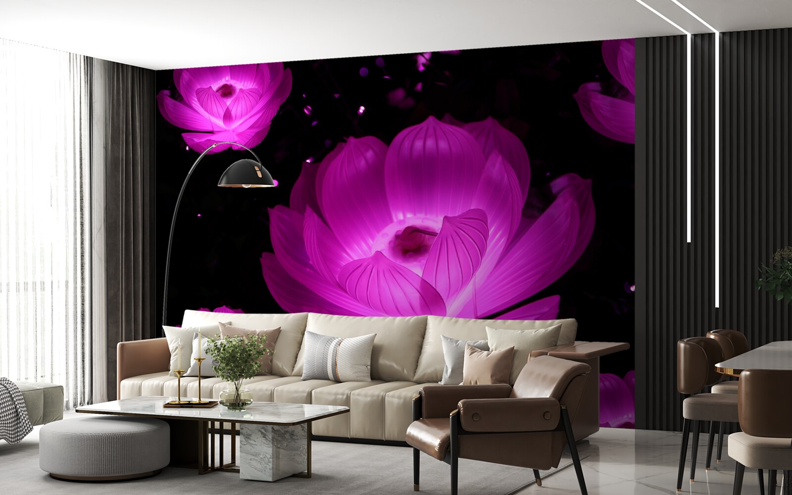 Papier peint fleurs violettes à la lumière des néons