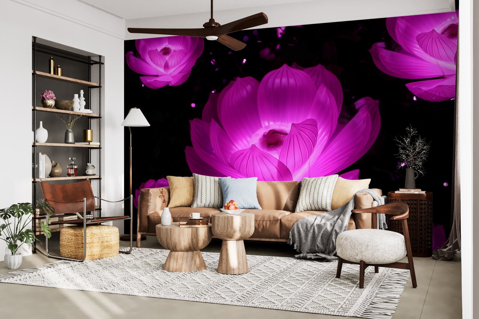 Papier peint fleurs violettes à la lumière des néons