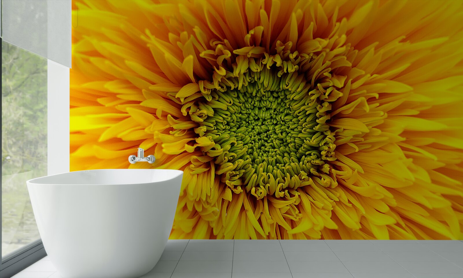 Papier peint fleur au centre vert, peinte en jaune vif