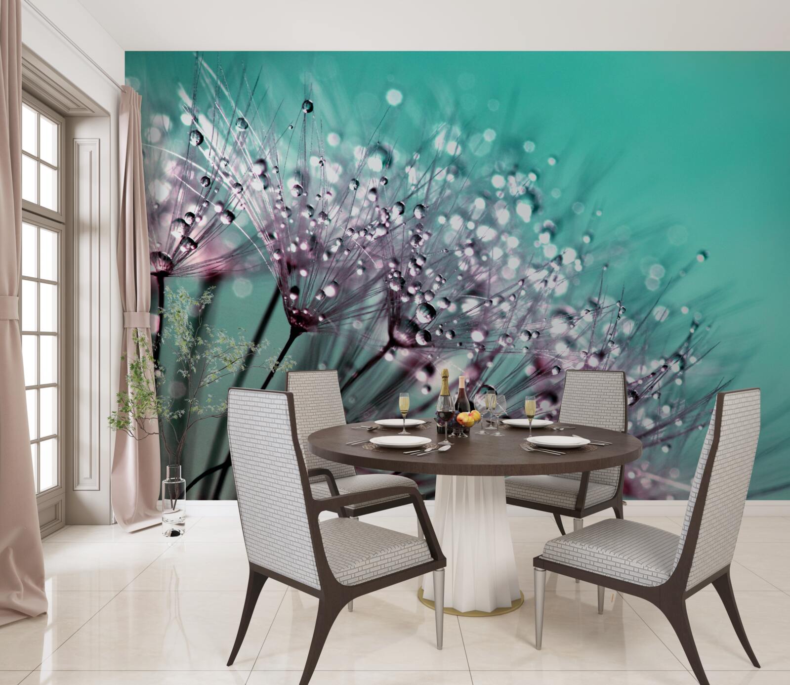 Papier peint rosée du matin sur une fleur de pissenlit