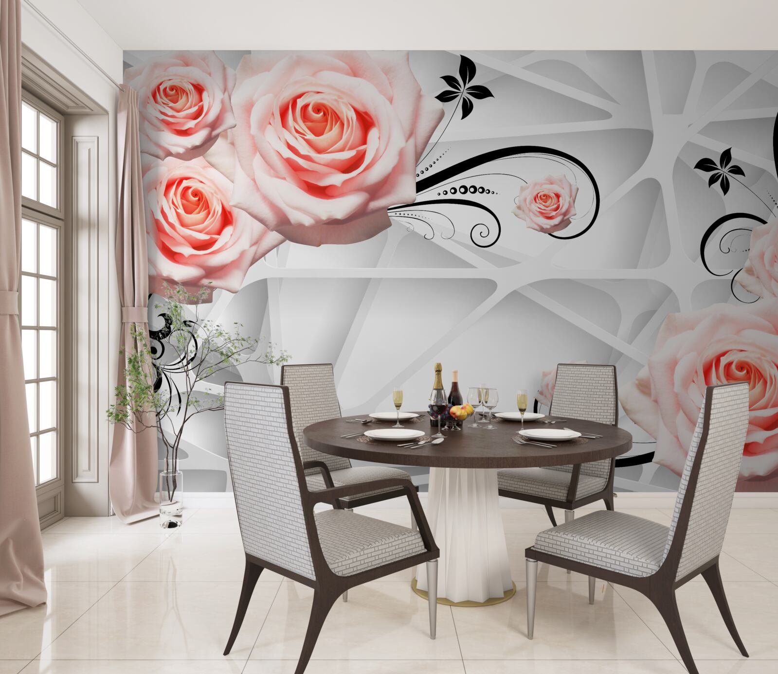 Papier peint fond géométrique décoré de branches de rose pêche