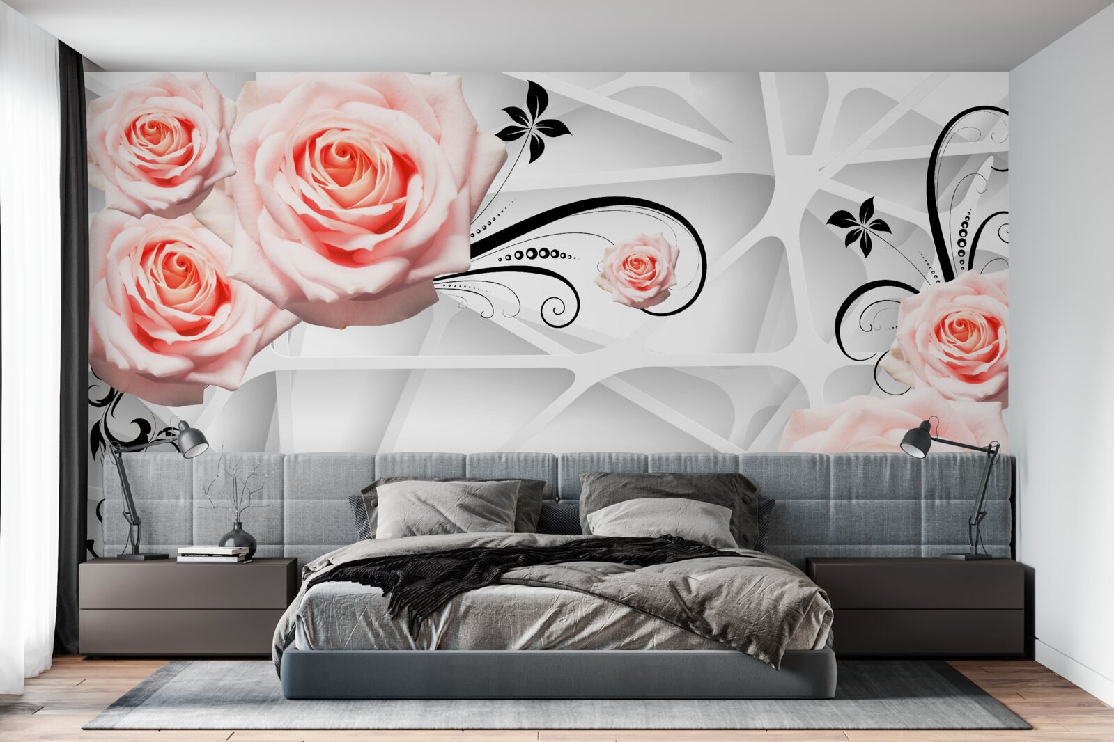 Papier peint fond géométrique décoré de branches de rose pêche