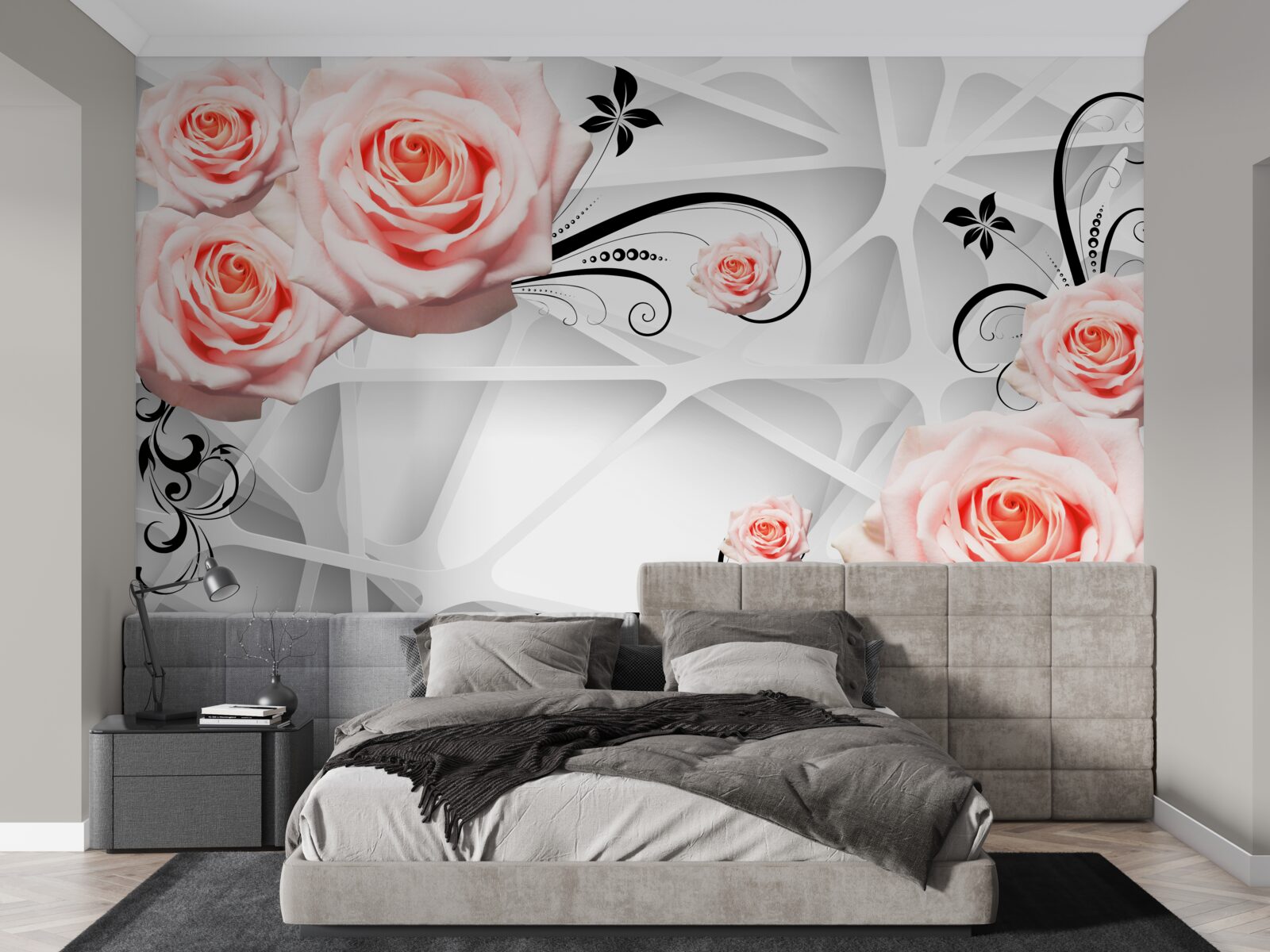 Papier peint fond géométrique décoré de branches de rose pêche