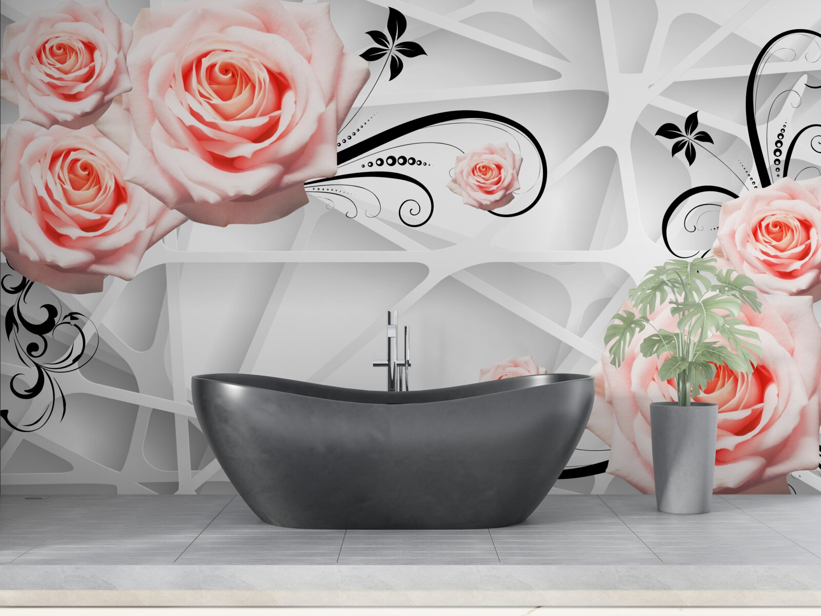 Papier peint fond géométrique décoré de branches de rose pêche