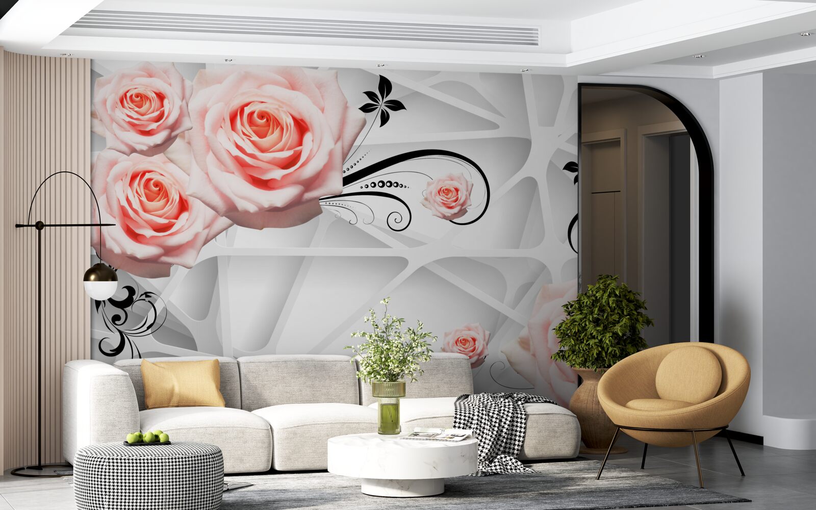 Papier peint fond géométrique décoré de branches de rose pêche