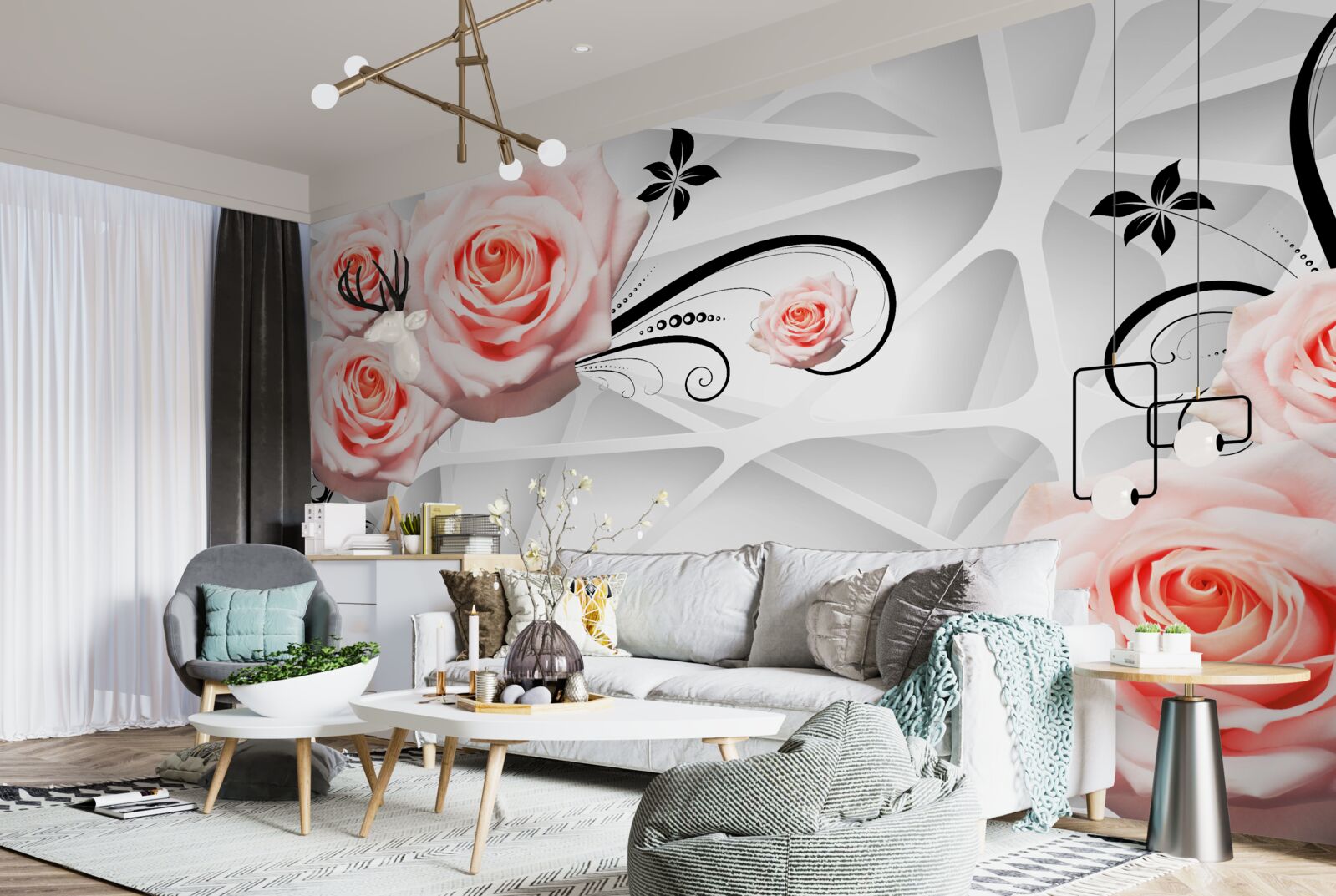 Papier peint fond géométrique décoré de branches de rose pêche