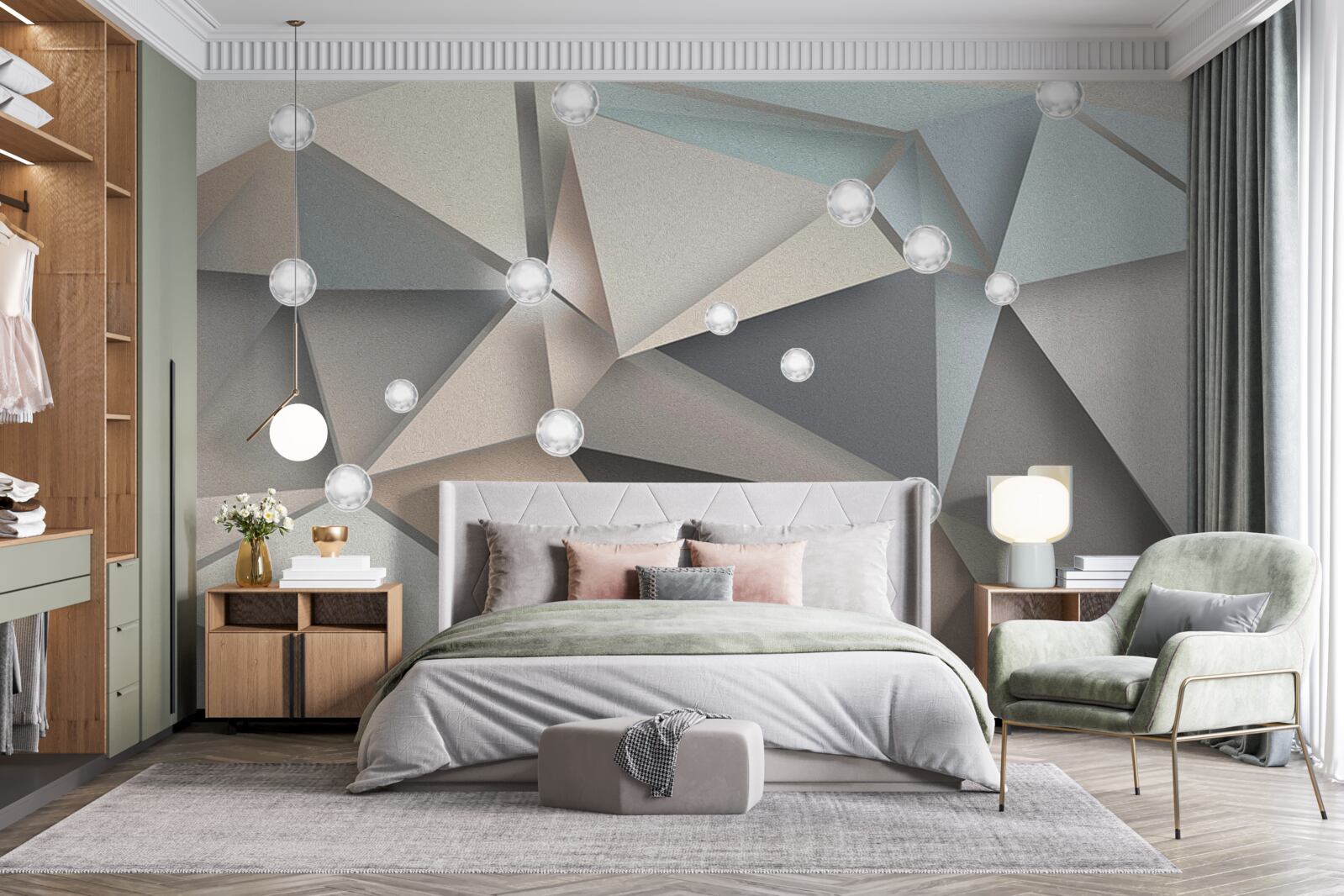 Papier peint nacre sur triangles dans des tons pastel