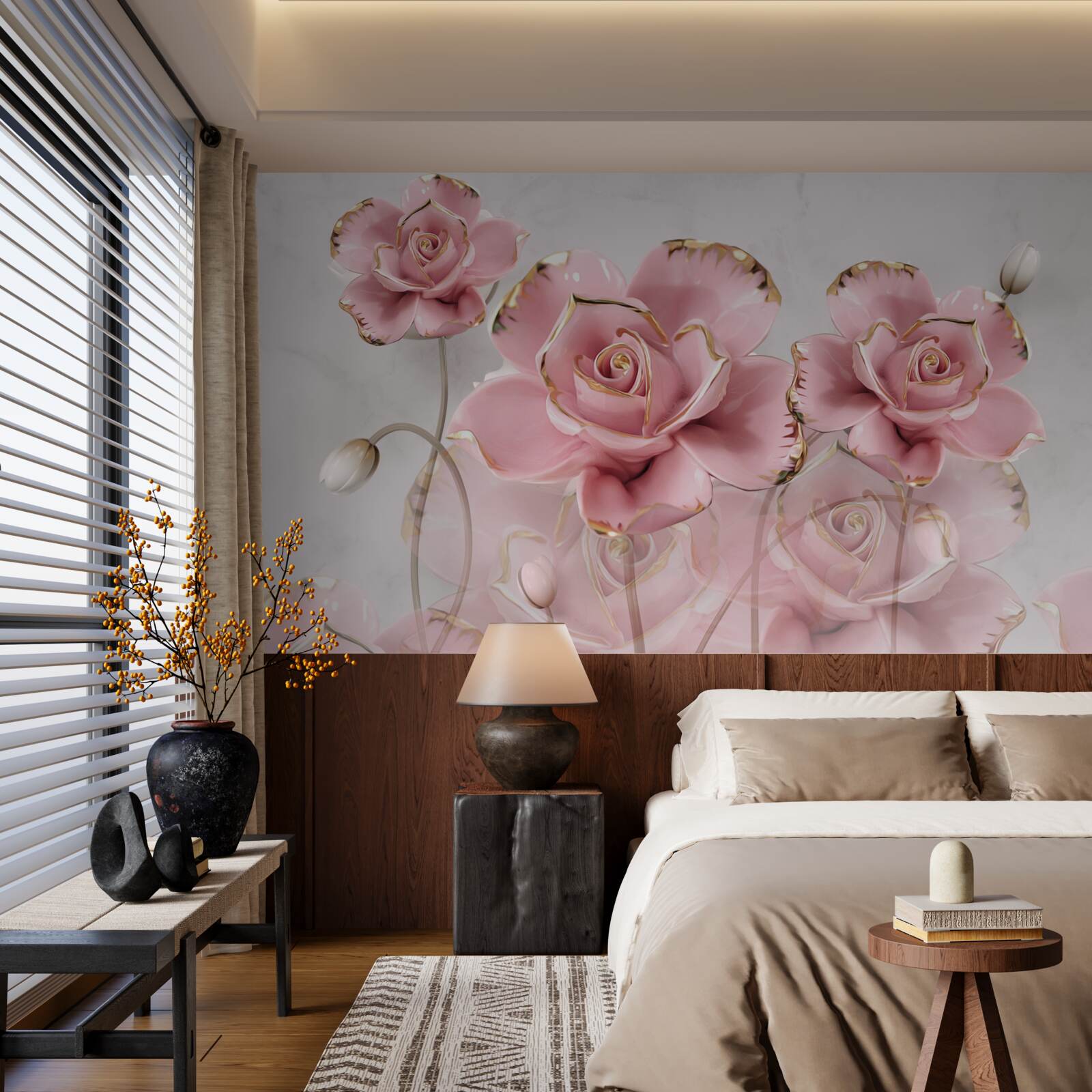 Papier peint fond délicat décoré de roses roses