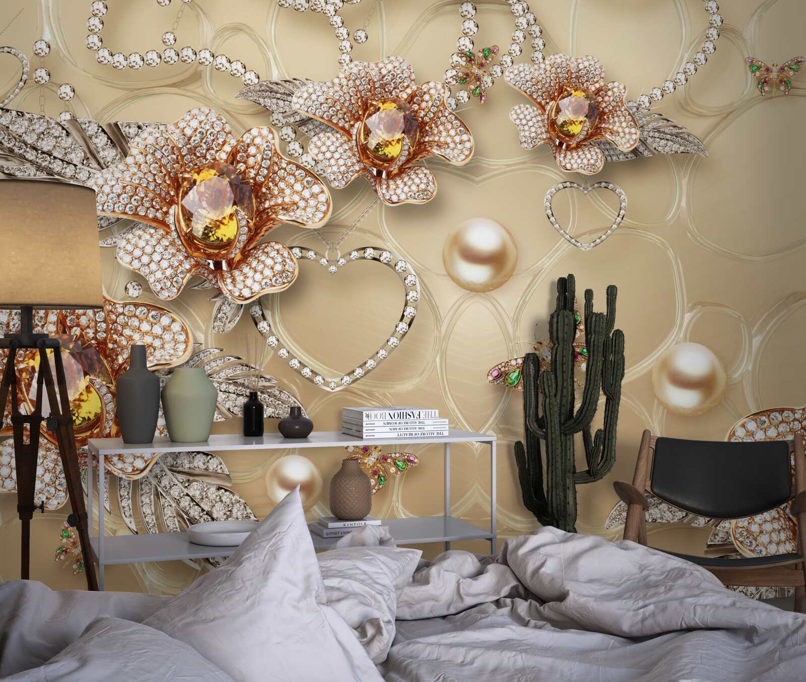 Papier peint fleurs en métal blanc avec perles