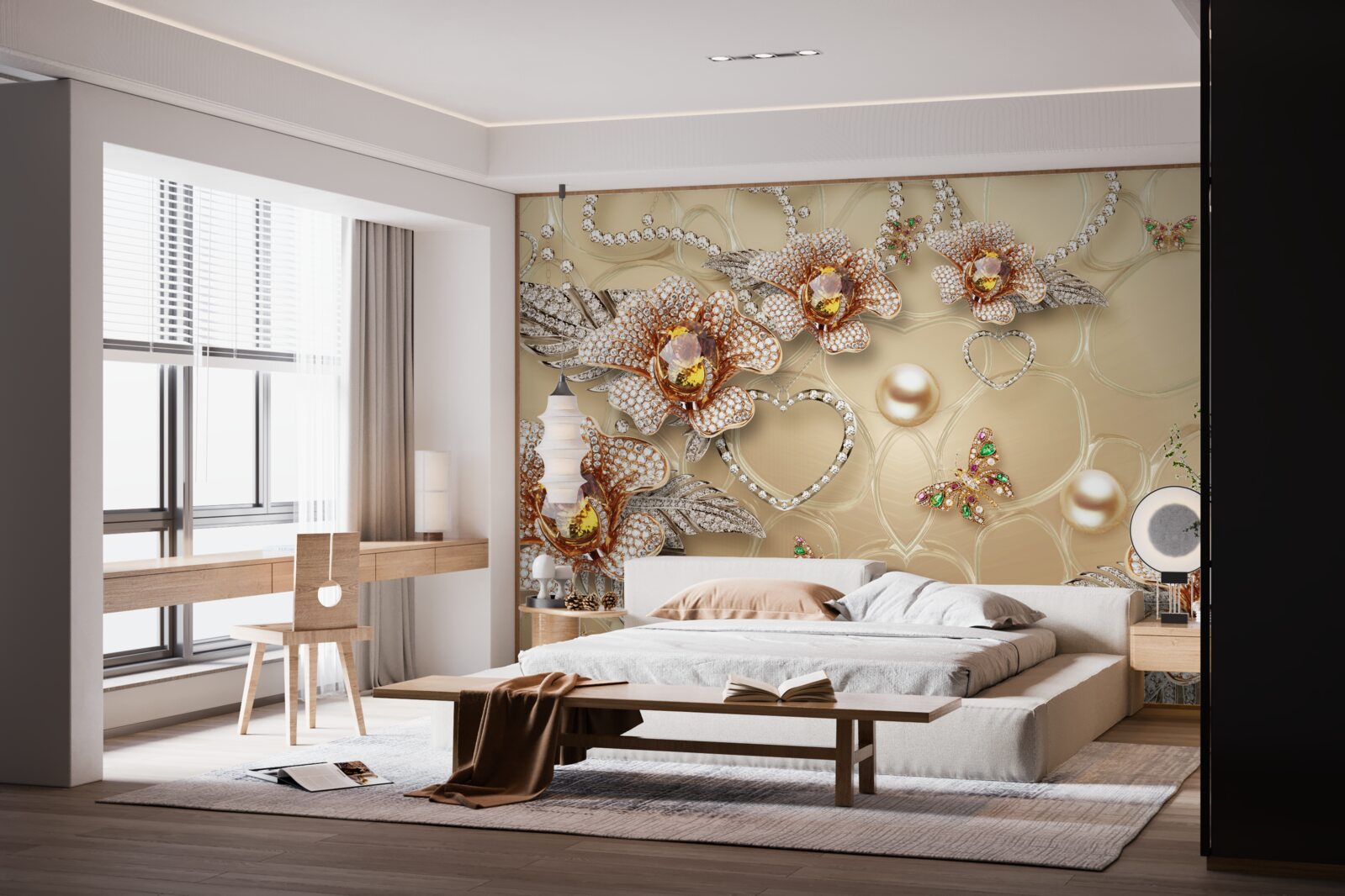 Papier peint fleurs en métal blanc avec perles