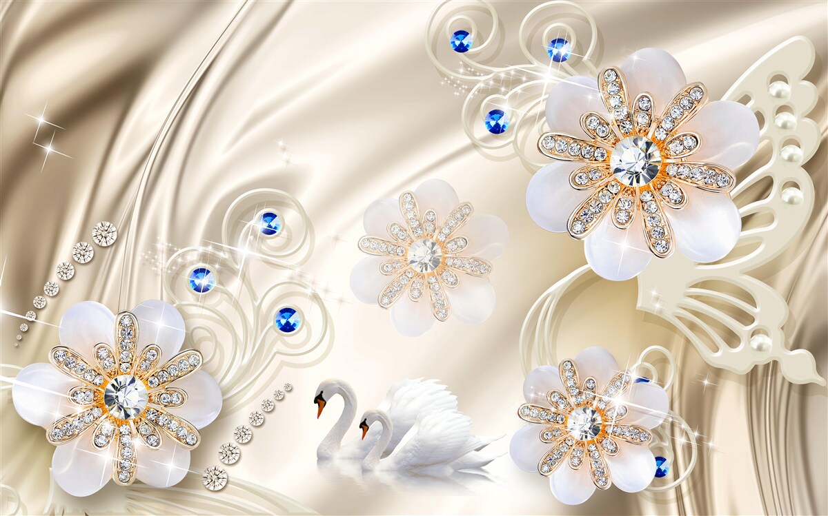 Papier peint bijoux colorés et cygnes glissant sur l'eau