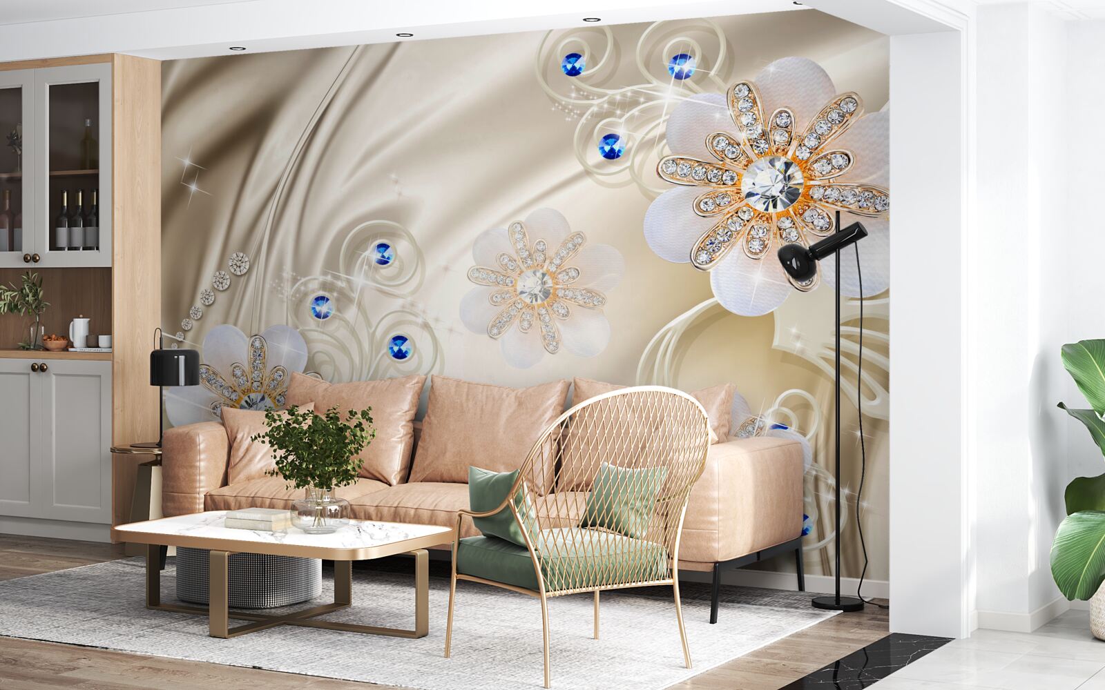 Papier peint bijoux colorés et cygnes glissant sur l'eau