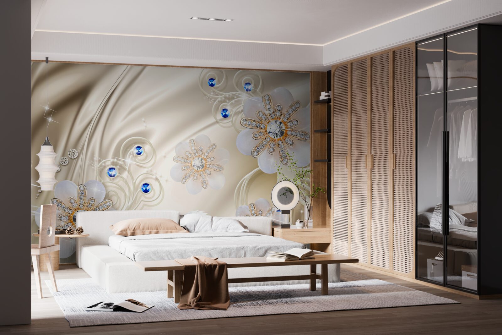 Papier peint bijoux colorés et cygnes glissant sur l'eau