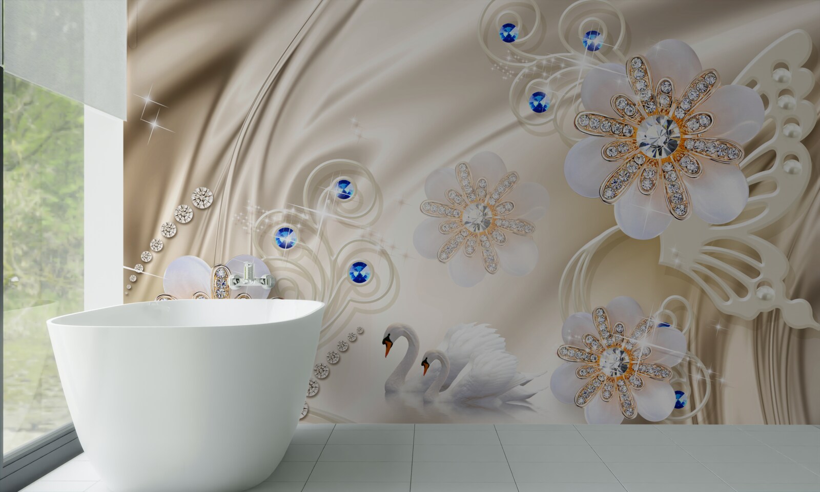 Papier peint bijoux colorés et cygnes glissant sur l'eau