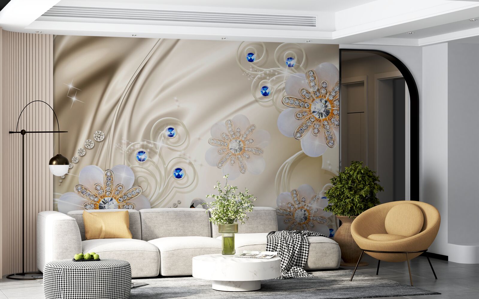 Papier peint bijoux colorés et cygnes glissant sur l'eau