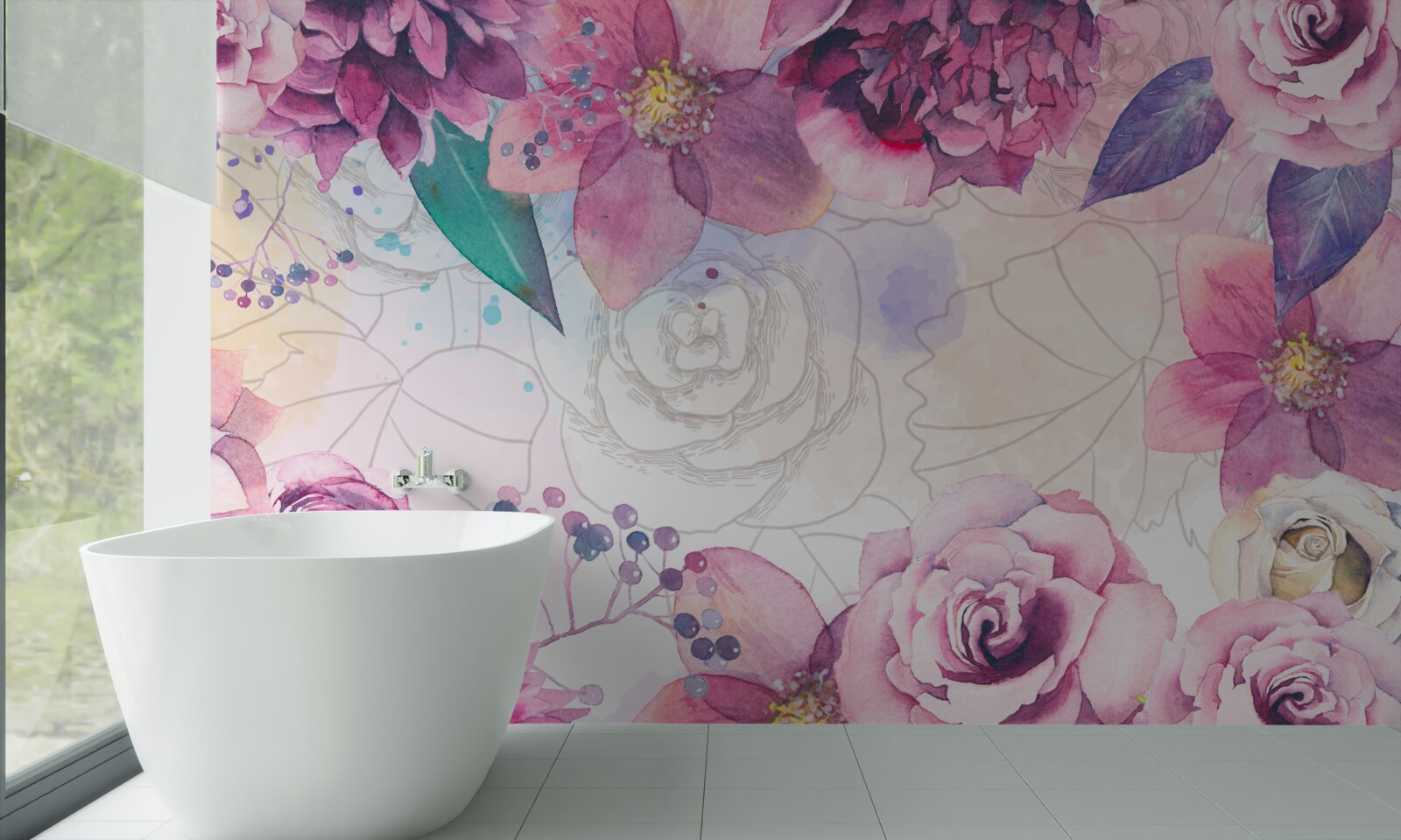 Papier peint Fond d'aquarelle avec des fleurs dans les tons lilas