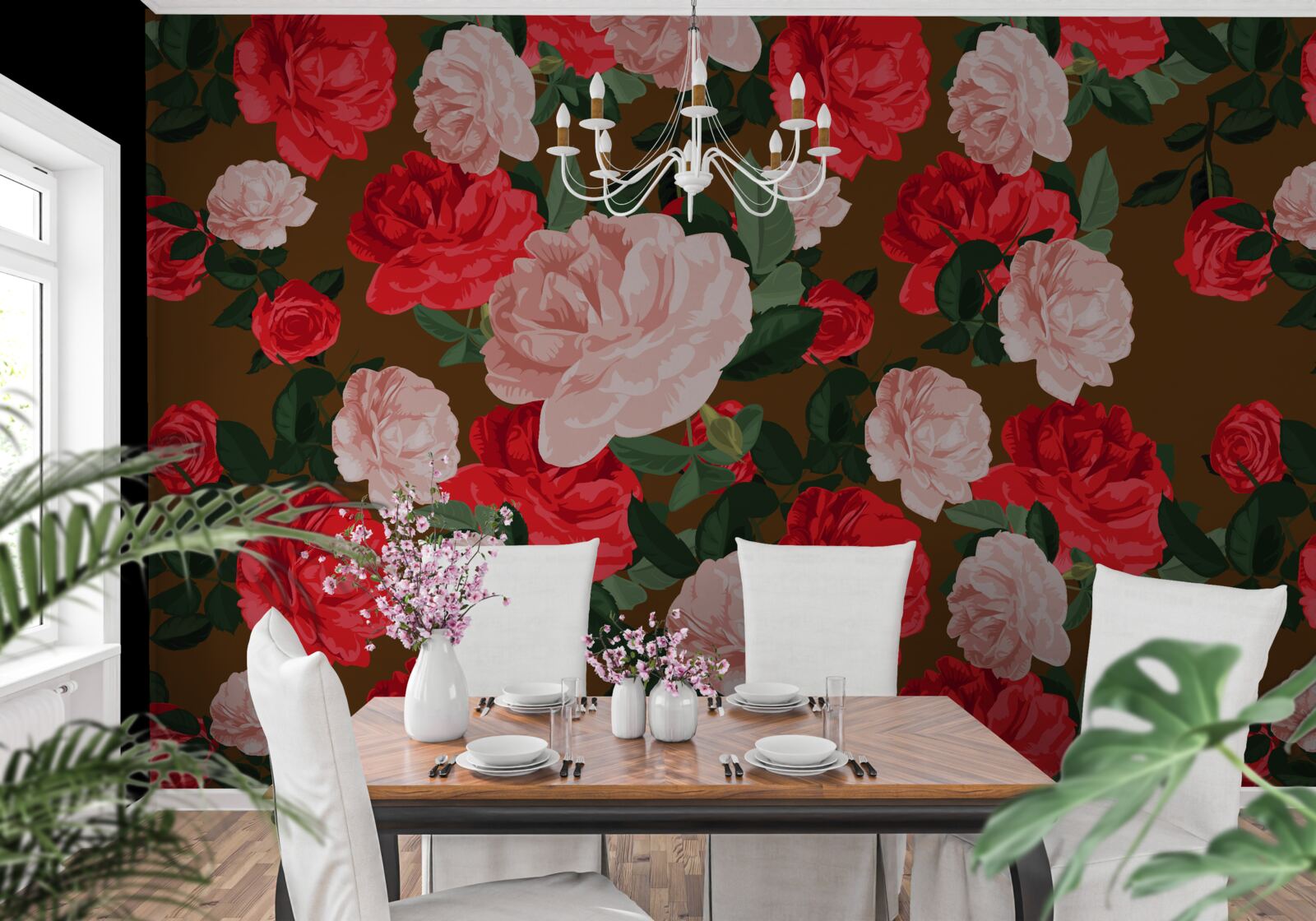 Papier peint fleurs de roses rouges et roses