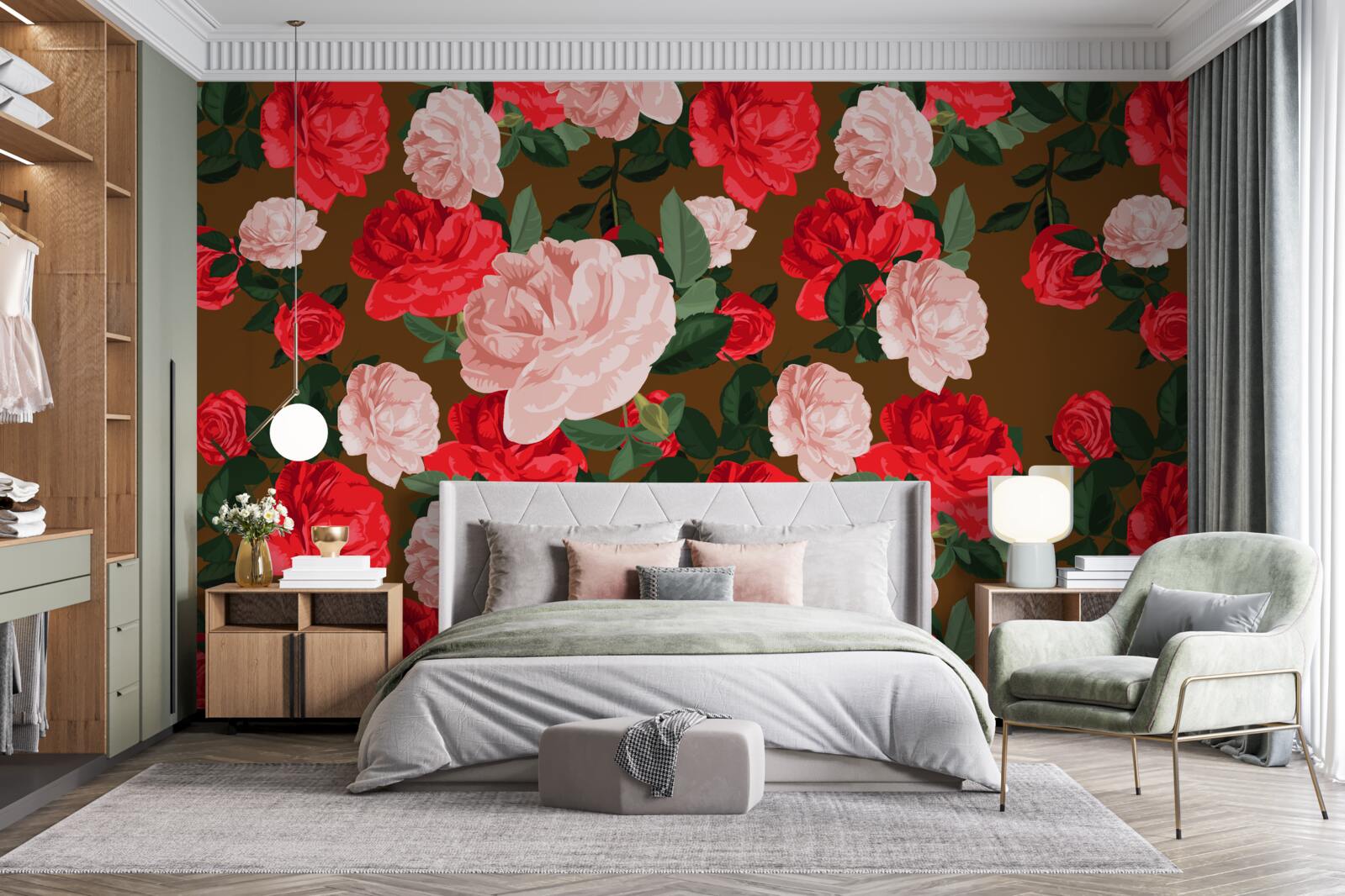 Papier peint fleurs de roses rouges et roses