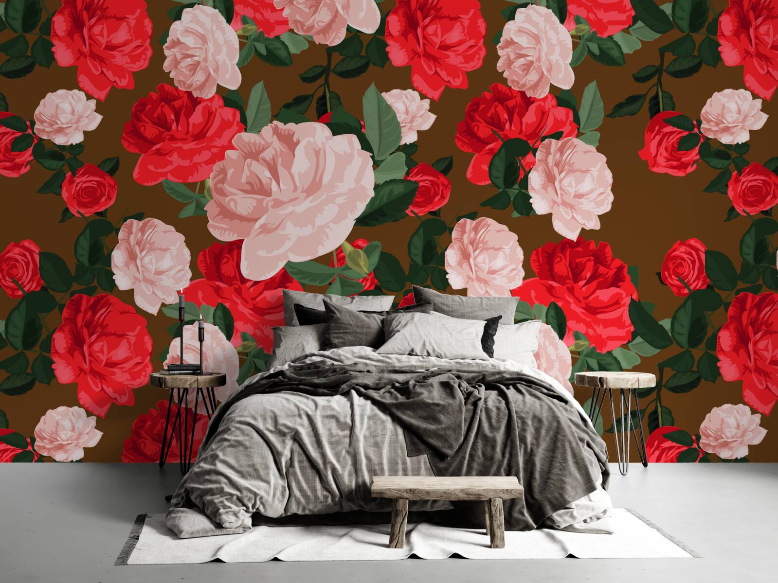 Papier peint fleurs de roses rouges et roses