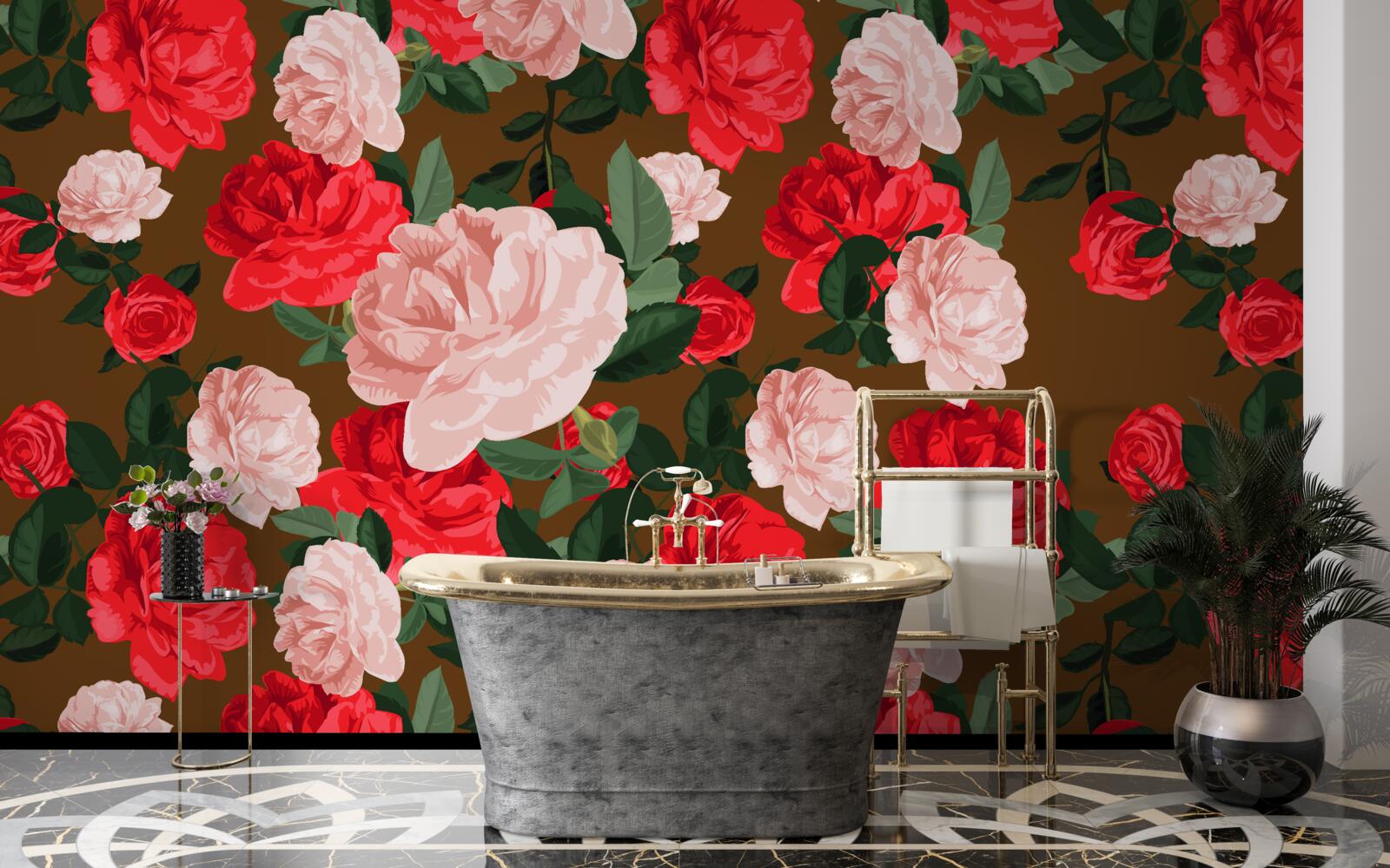 Papier peint fleurs de roses rouges et roses