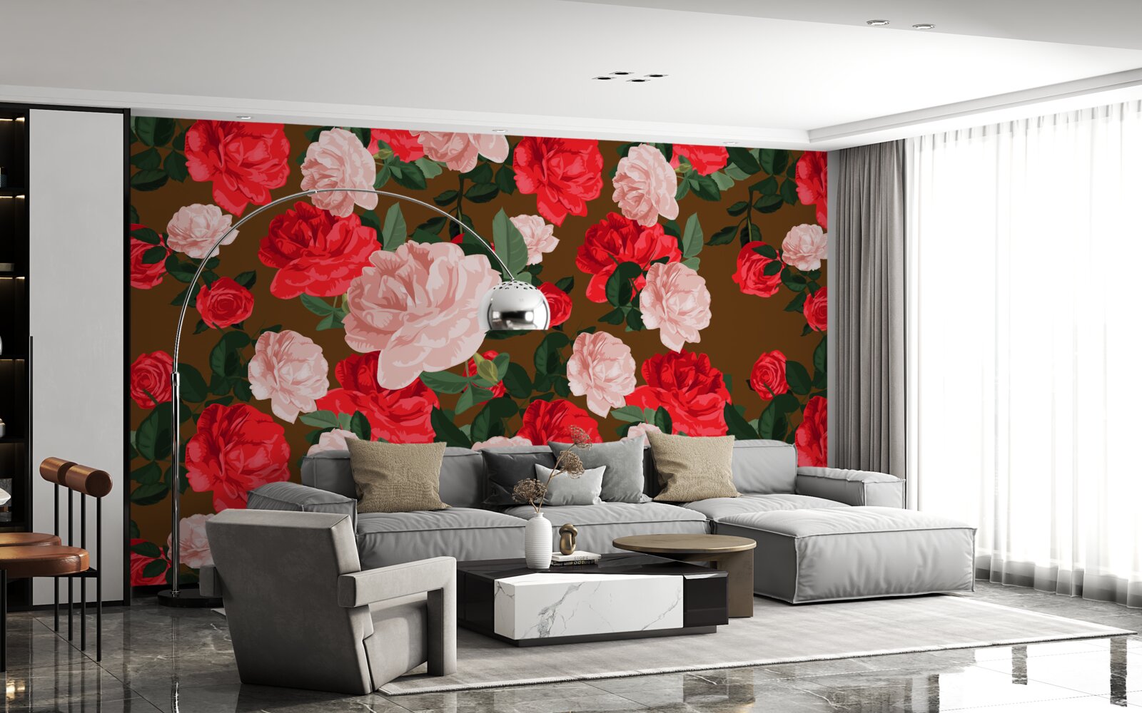 Papier peint fleurs de roses rouges et roses