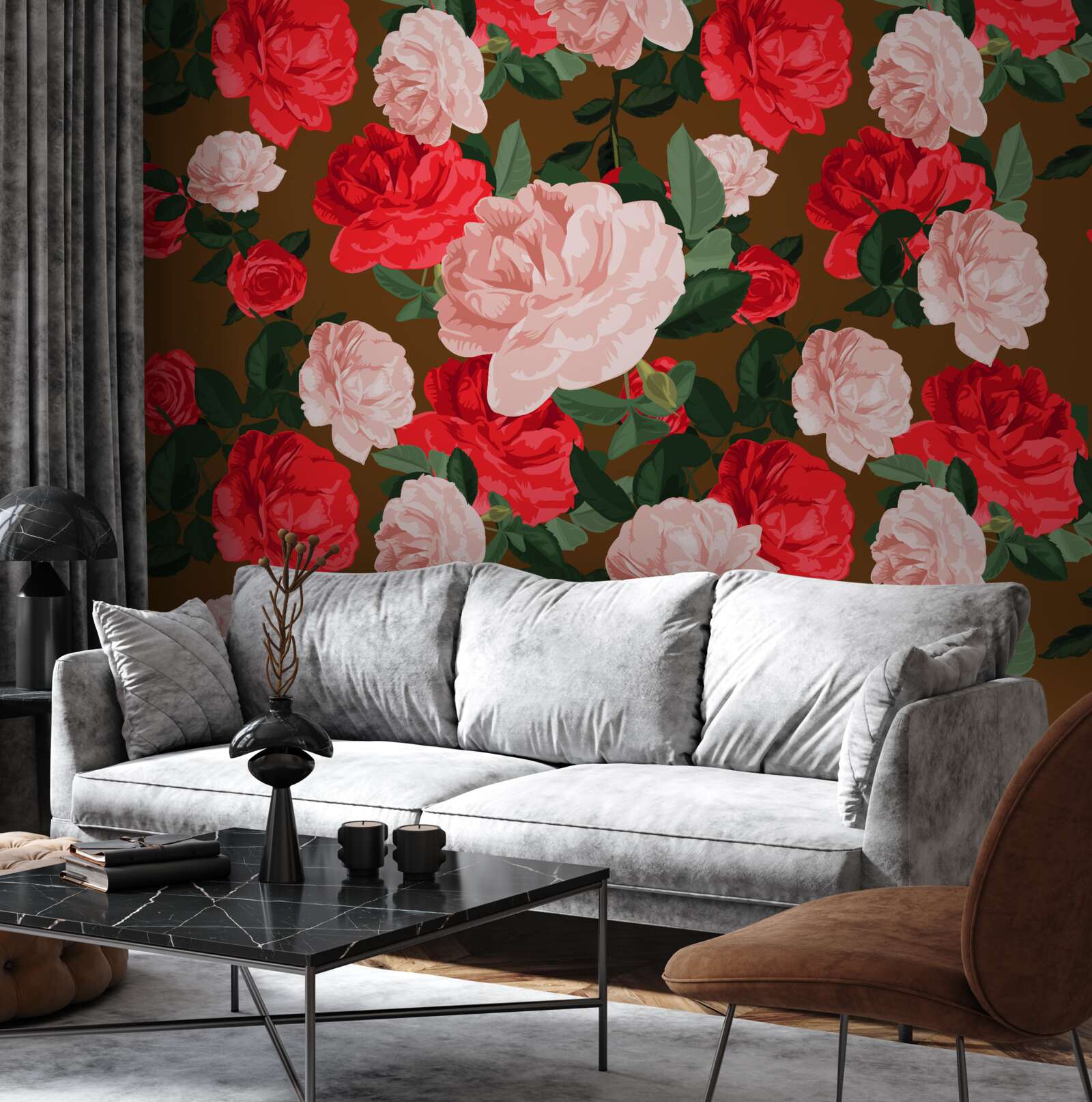 Papier peint fleurs de roses rouges et roses