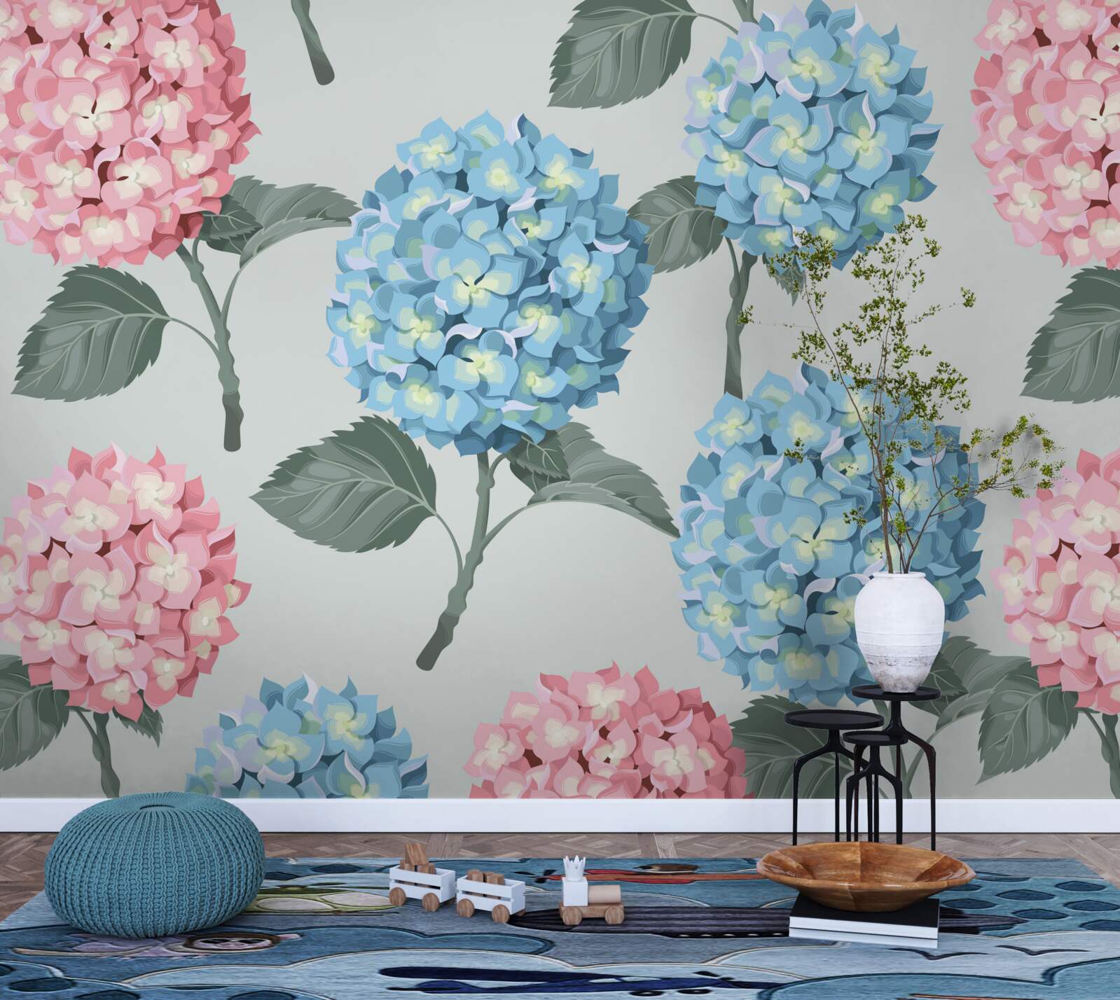 Papier peint hortensias roses et bleus