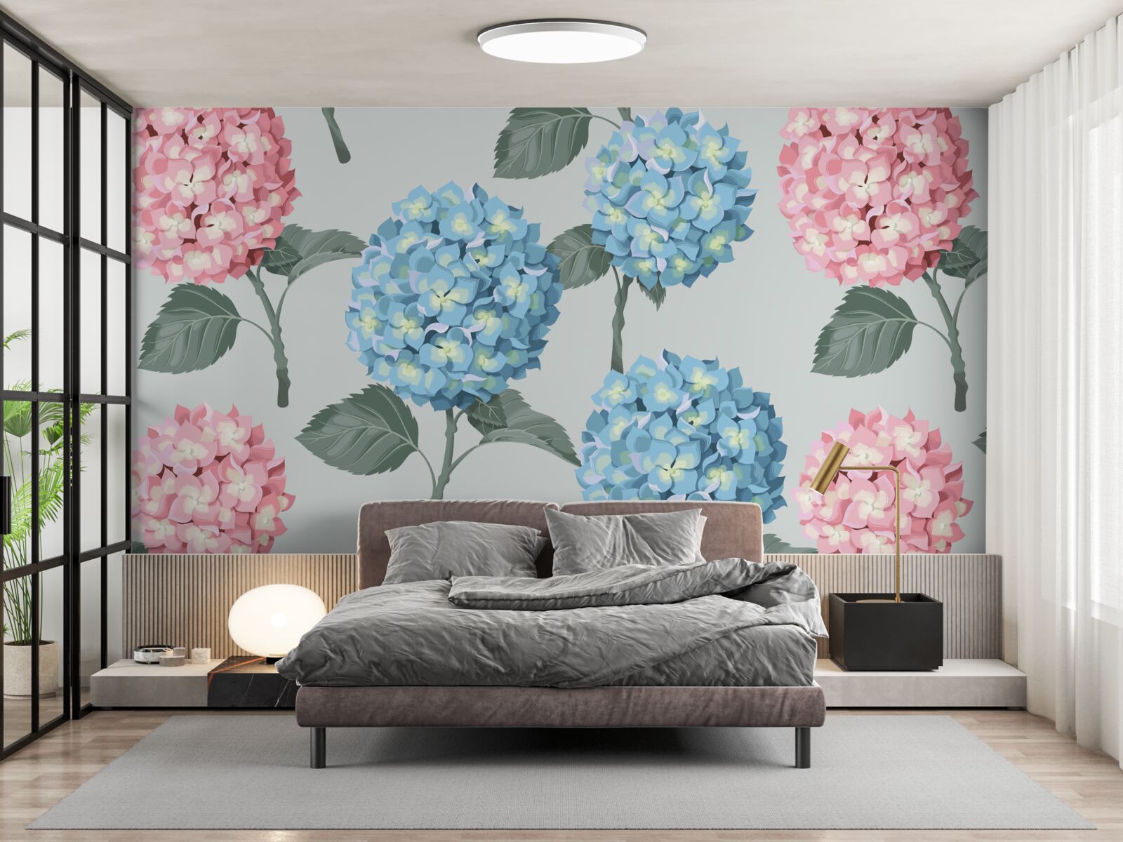 Papier peint hortensias roses et bleus