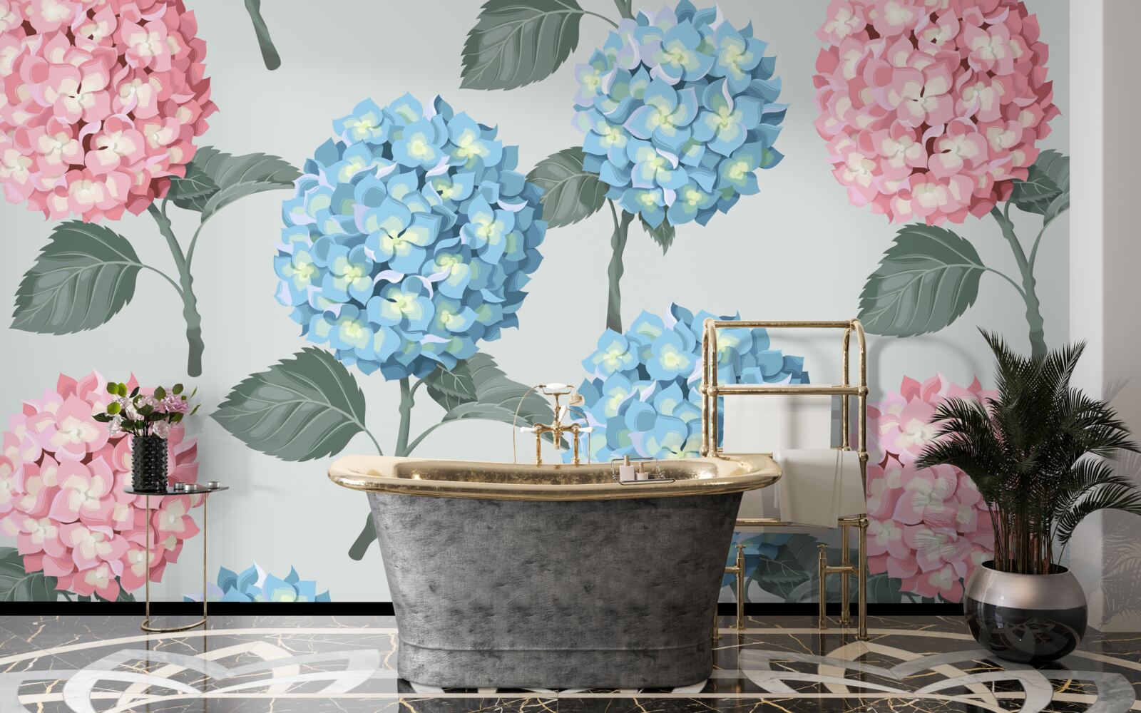 Papier peint hortensias roses et bleus