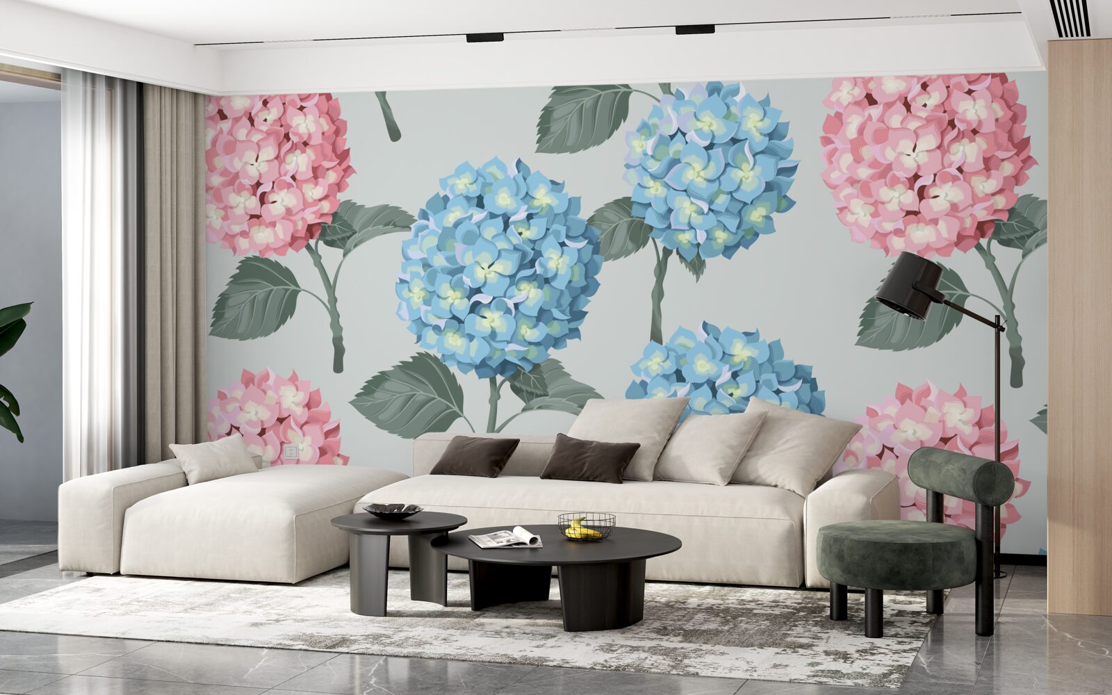 Papier peint hortensias roses et bleus