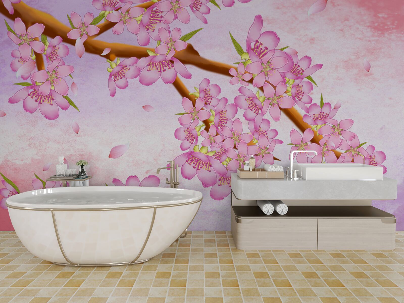 Papier peint de beaux bourgeons roses fleurissent sur les branches