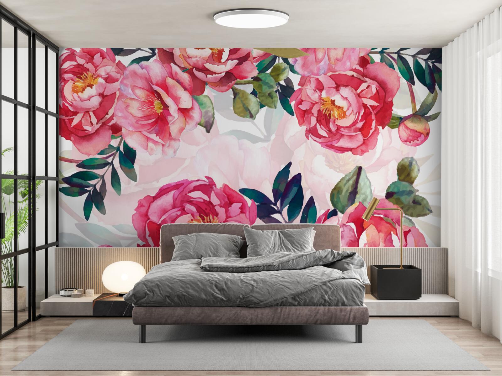 Papier peint les pivoines sont grandes et de couleur écarlate