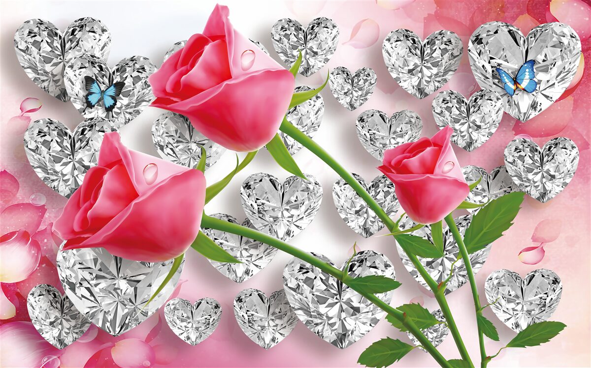 Papier peint diamants et roses rouges