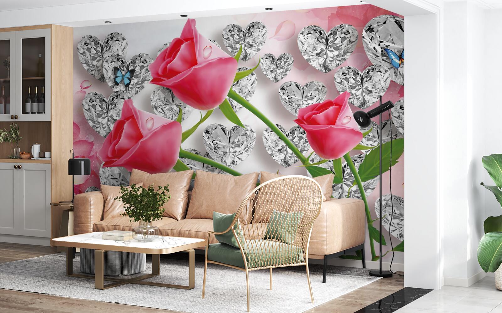 Papier peint diamants et roses rouges