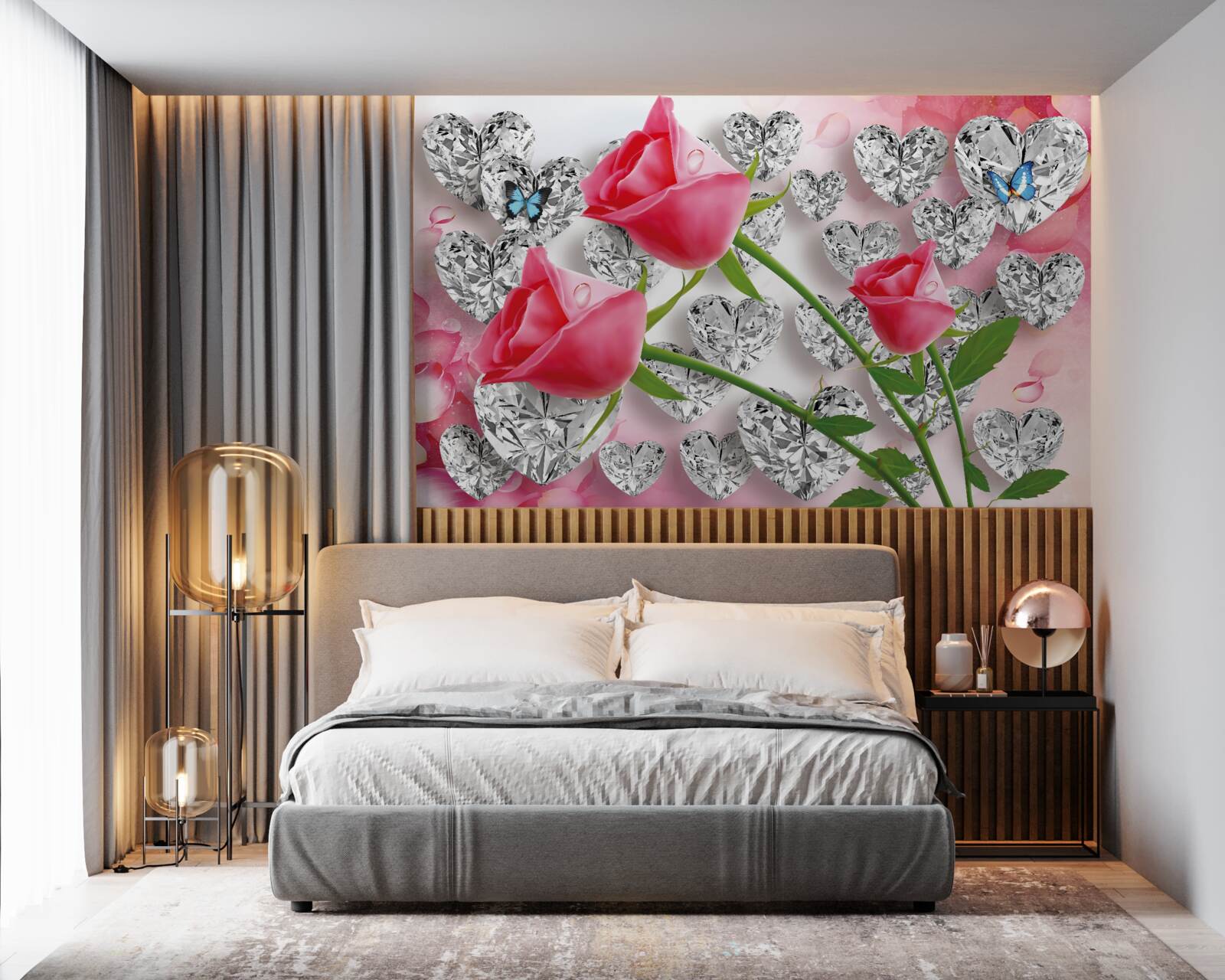 Papier peint diamants et roses rouges