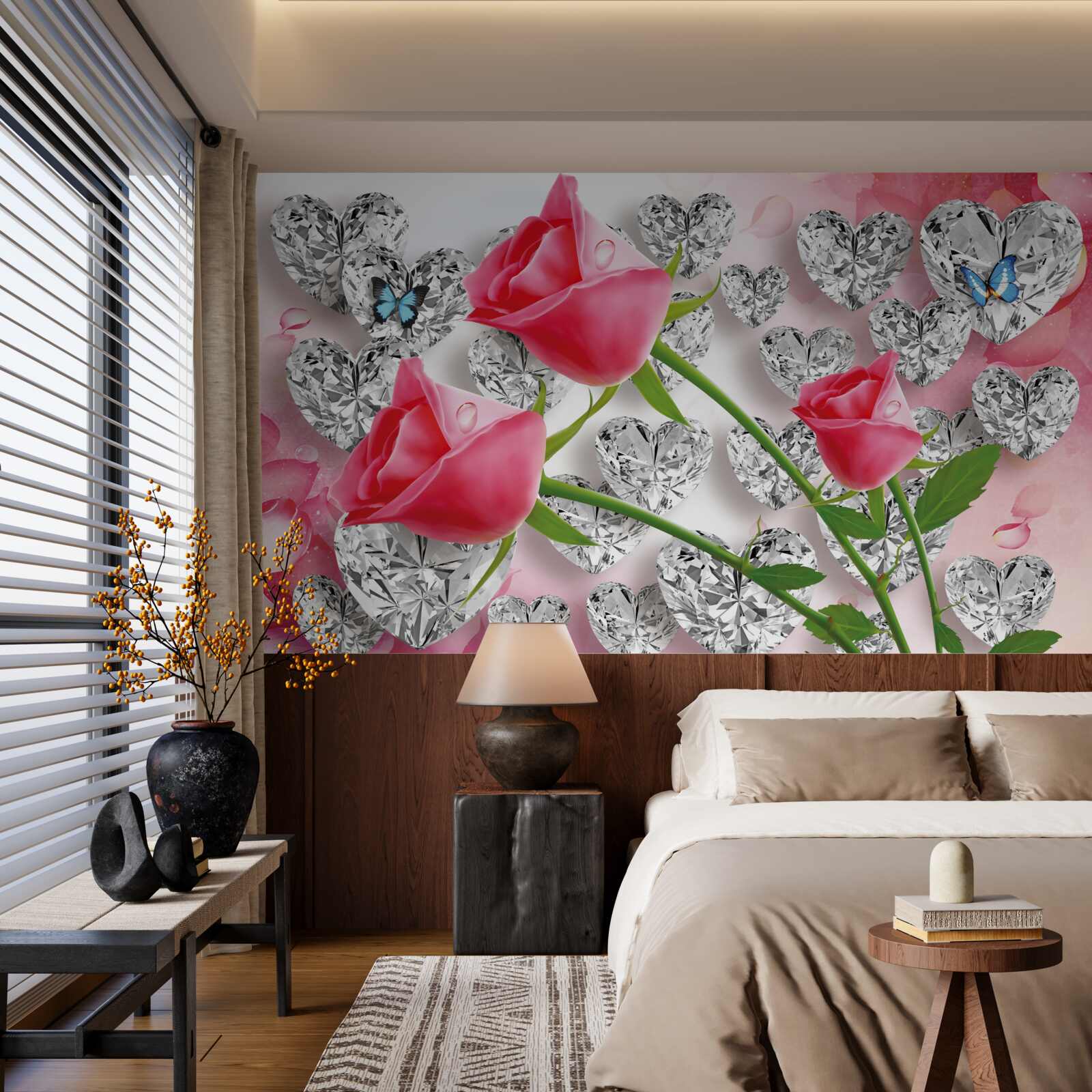 Papier peint diamants et roses rouges