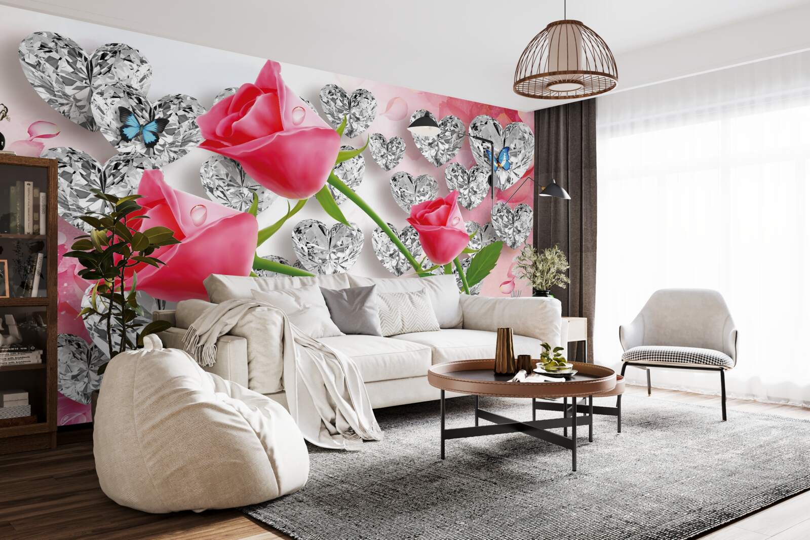 Papier peint diamants et roses rouges