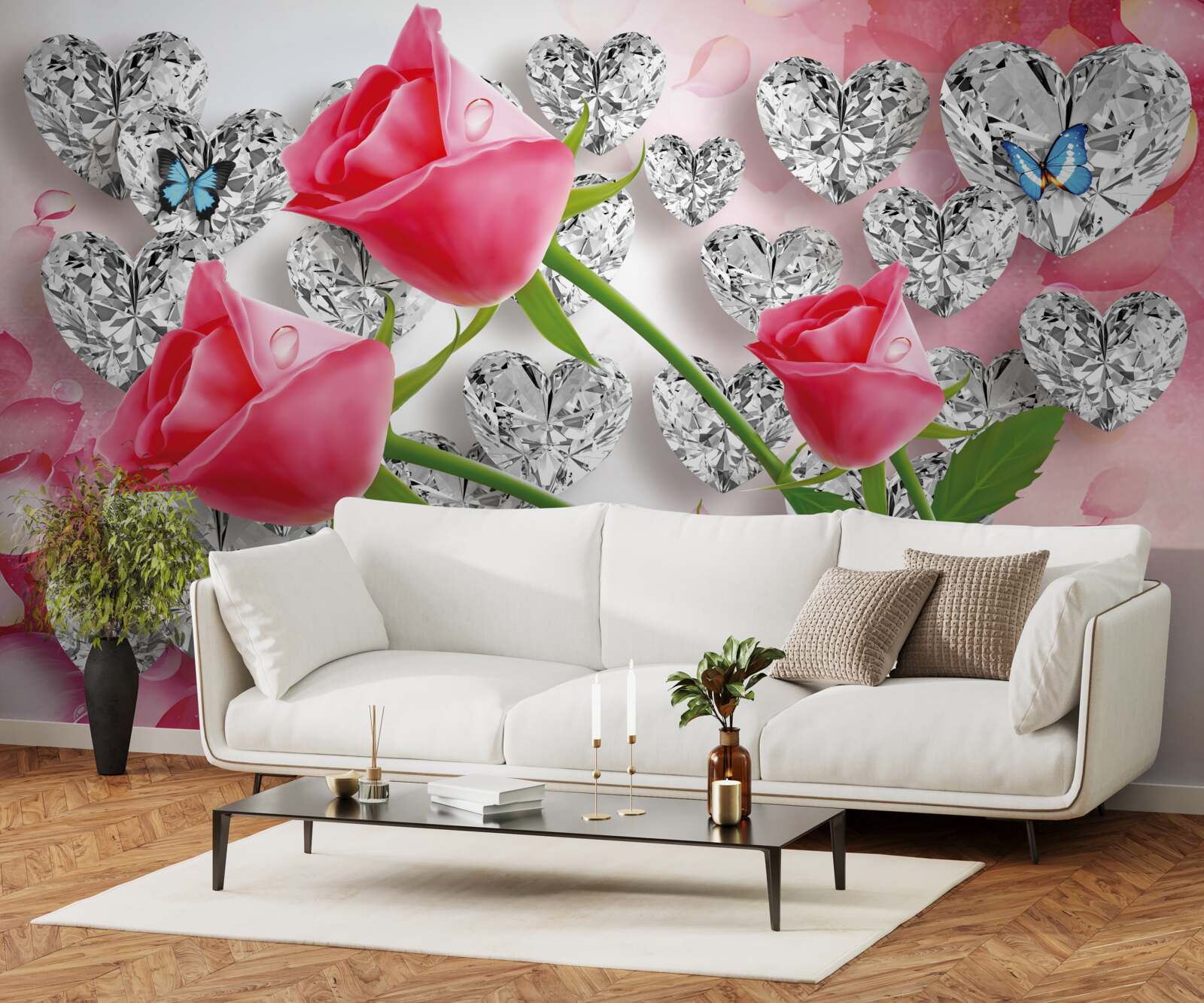 Papier peint diamants et roses rouges