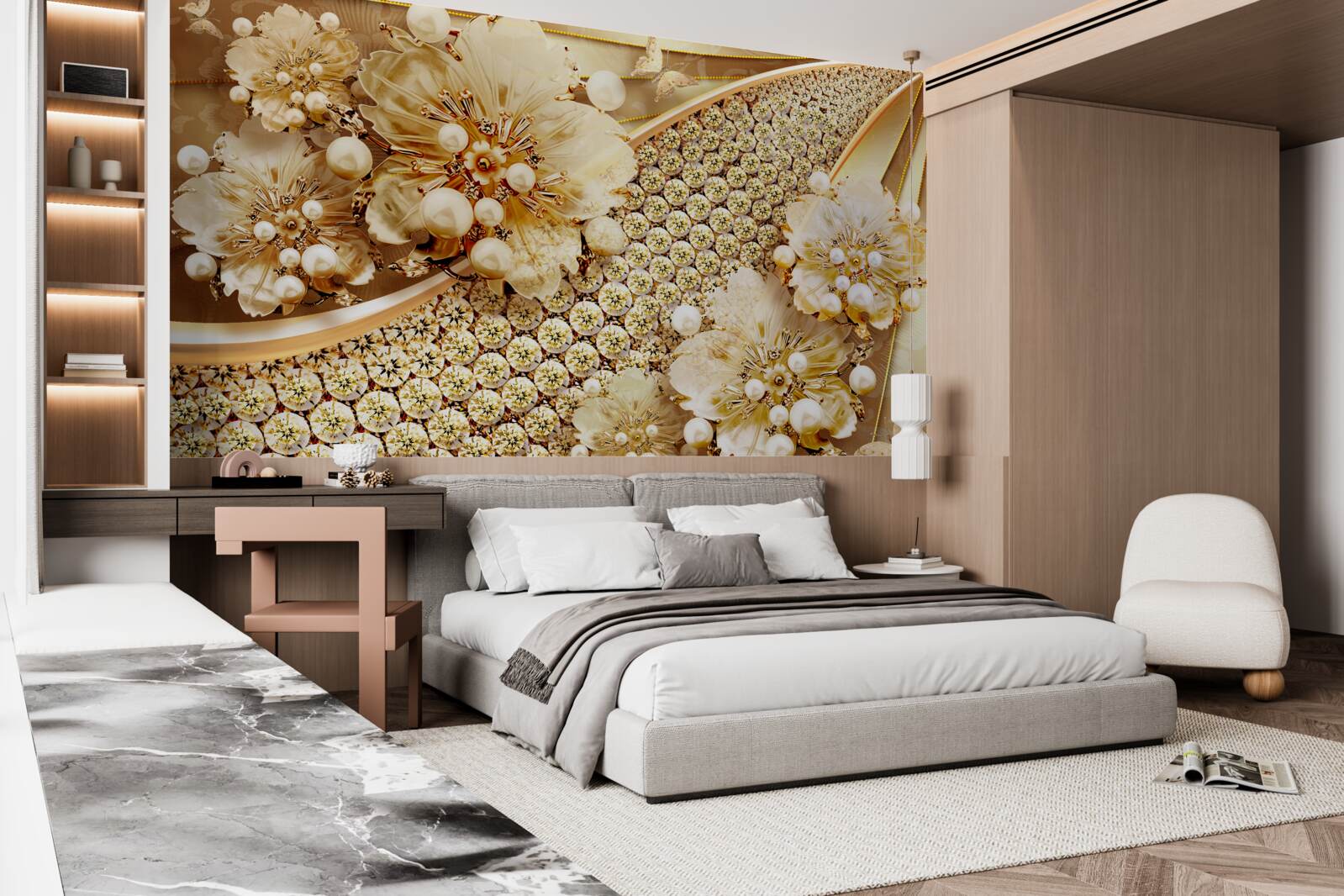 Papier peint couleurs or et perle d'or